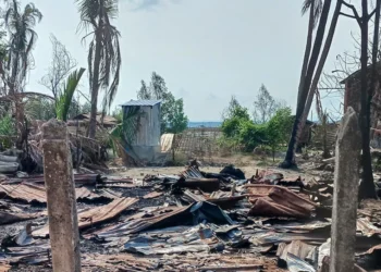 File image: A destroyed house and burned trees following fighting between Myanmar`s military and the Arakan Army, in Minbya Township, Rakhine State on May 21, 2024. Photo: AFP