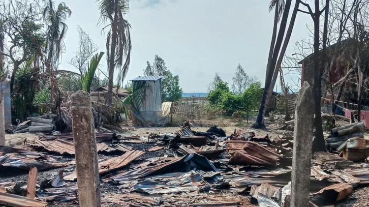 File image: A destroyed house and burned trees following fighting between Myanmar`s military and the Arakan Army, in Minbya Township, Rakhine State on May 21, 2024. Photo: AFP