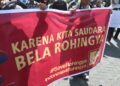 Indonesian students protest in support of the Rohingya community in Solo, Central Java, May 15, 2020.