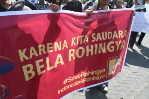 Indonesian students protest in support of the Rohingya community in Solo, Central Java, May 15, 2020.