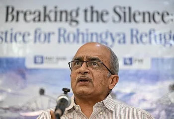 Indian lawyer Prashant Bhushan addresses a press conference at the Press Club of India, in New Delhi on May 19, 2025. Photo: SAJJAD HUSSAIN/AFP via Getty Images