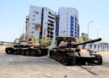 A view of damaged tanks in front of the Central Bank of Sudan building, after the Sudanese army deepened its control over Khartoum from the Rapid Support Forces (RSF), in Khartoum, Sudan April 27, 2025. (Reuters)