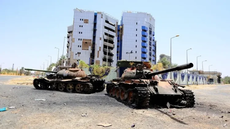 A view of damaged tanks in front of the Central Bank of Sudan building, after the Sudanese army deepened its control over Khartoum from the Rapid Support Forces (RSF), in Khartoum, Sudan April 27, 2025. (Reuters)