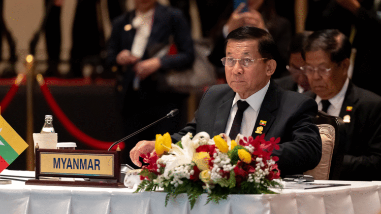 This handout picture taken and released by Thailand's Ministry of Foreign Affairs on April 4, 2025 shows Myanmar's State Administration Council Chairman Senior General Min Aung Hlaing taking part in the 6th Bengal Initiative for Multi-Sectoral Technical and Economic Cooperation (BIMSTEC) summit in Bangkok. (HANDOUT / THAILAND'S MINISTRY OF FOREIGN AFFAIRS VIA AFP)