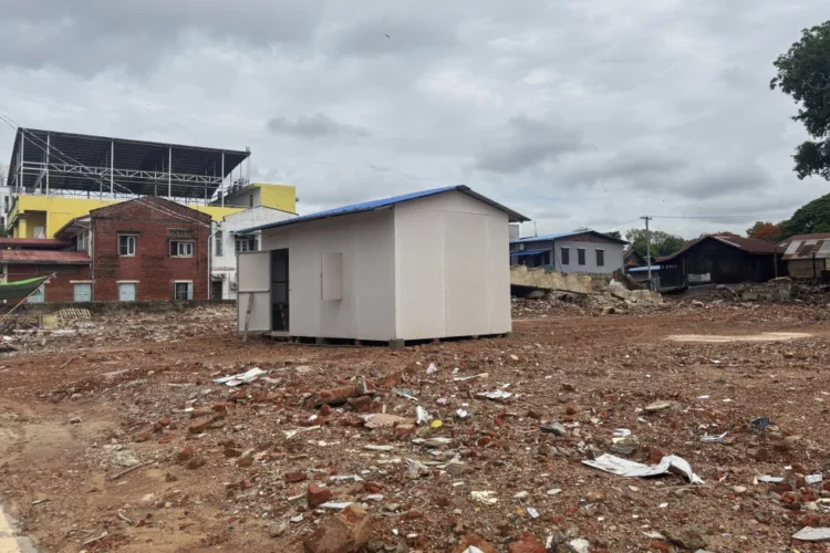 A temporary building is seen after clear collapsed building caused by strong earthquake in Naypyitaw, Myanmar, Friday, May 23, 2025. (AP Photo/Aung Shine Oo)