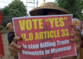 Myanmar citizens living in India hold placards as they attend a protest, organised by pro-democracy supporters, against the military coup in Myanmar and demanding recognition of the National Unity Government of Myanmar, in New Delhi, India, 22 February 2022. (Photo:REUTERS/Anushree Fadnavis)
